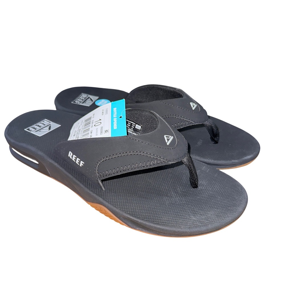 NEW Reef Fanning Sandals Mens 10 Flip Flops Black Bottle Opener Water Friendly